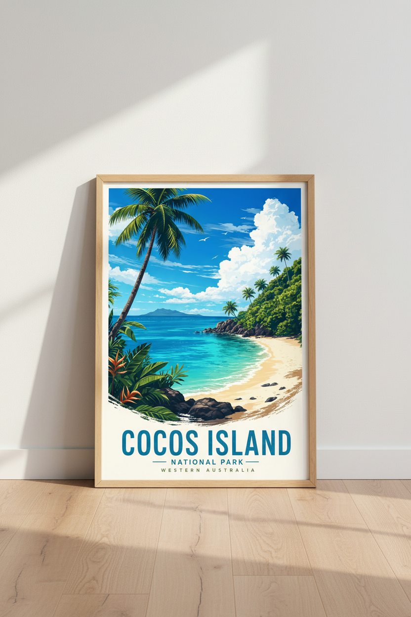 Cocos Island Australia Travel Poster | Tropical Beach Wall Art, Coastal Home Decor