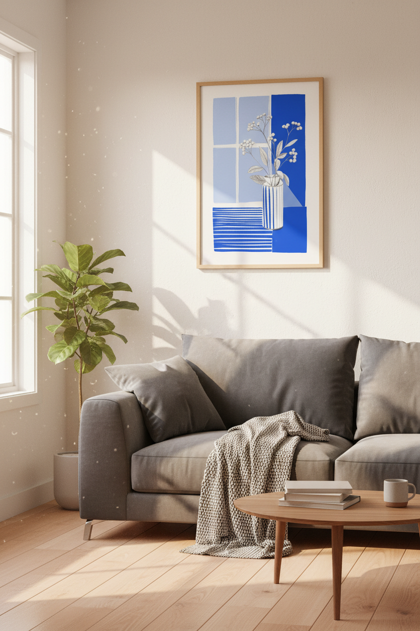 Blue Floral Still Life Wall Art | Modern Cobalt Botanical, Minimalist Living Room Decor