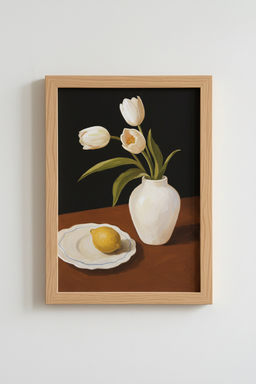 Tulip Wall Art | Oil Painting, White Vase | Living Room Decor Poster