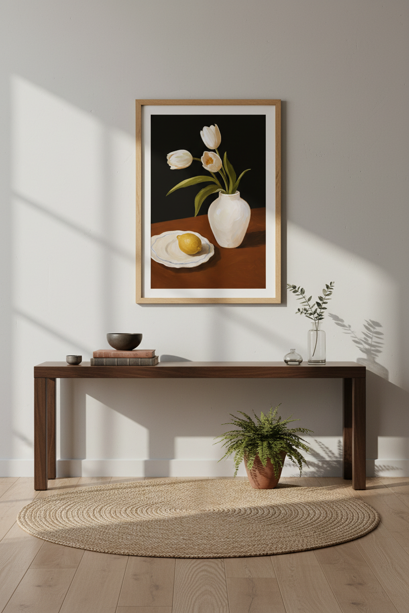 Tulip Wall Art | Oil Painting, White Vase | Living Room Decor Poster