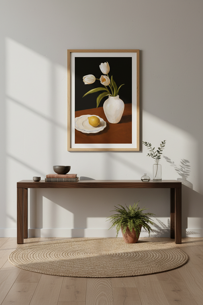 Tulip Wall Art | Oil Painting, White Vase | Living Room Decor Poster