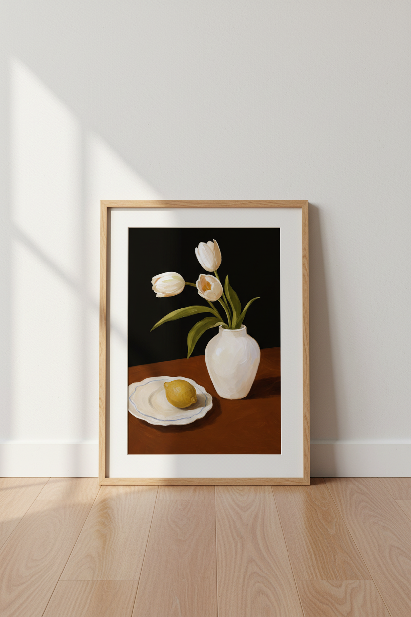 Tulip Wall Art | Oil Painting, White Vase | Living Room Decor Poster