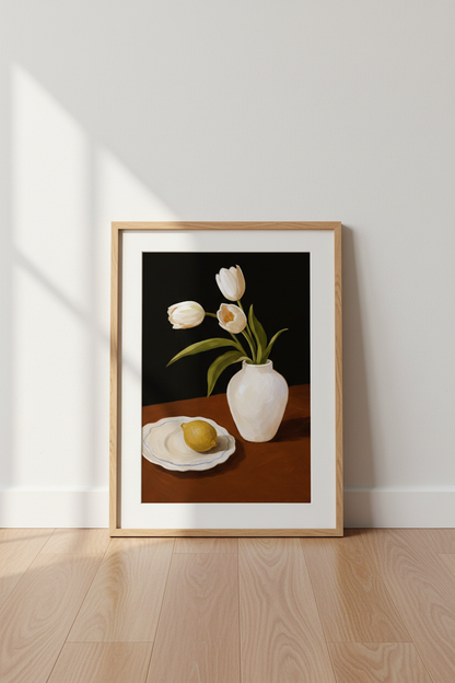 Tulip Wall Art | Oil Painting, White Vase | Living Room Decor Poster