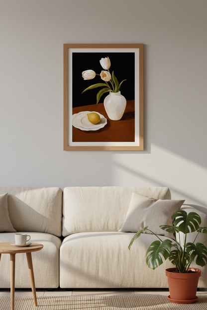 Tulip Wall Art | Oil Painting, White Vase | Living Room Decor Poster