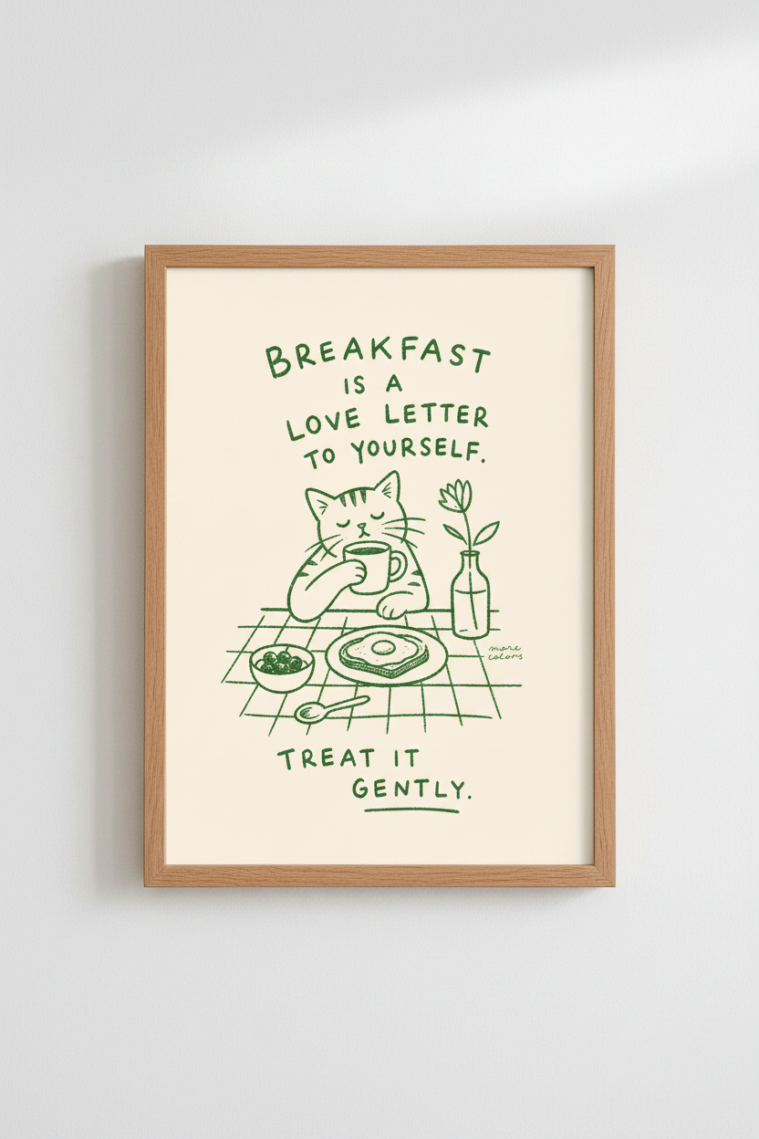 Breakfast Wall Art | Green Line Cat Illustration, Cozy Kitchen Décor