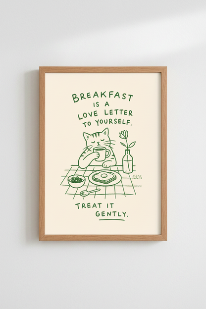 Breakfast Wall Art | Green Line Cat Illustration, Cozy Kitchen Décor