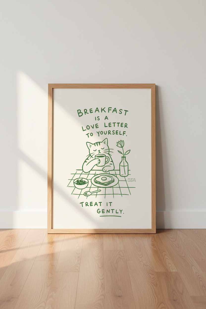 Breakfast Wall Art | Green Line Cat Illustration, Cozy Kitchen Décor