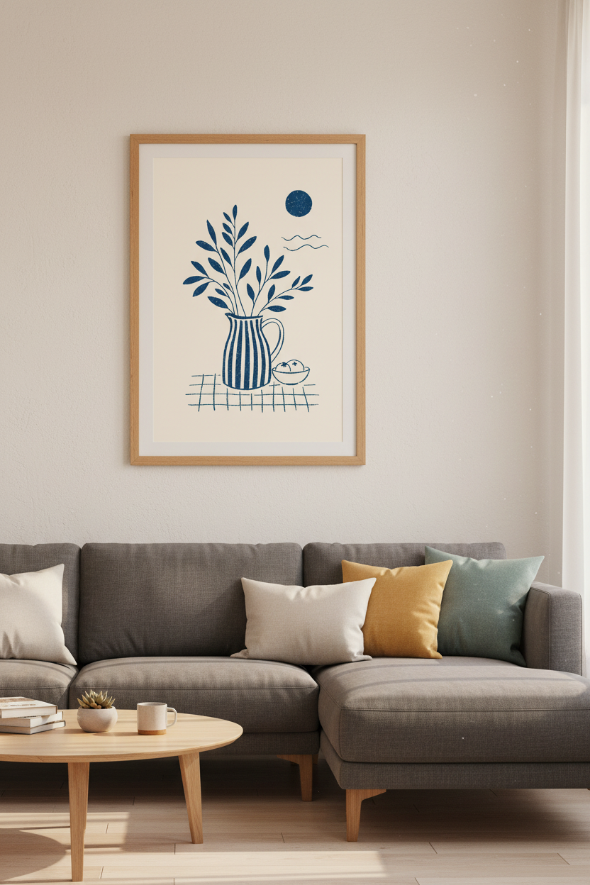 Blue Mediterranean Still Life | Minimalist Linocut, Modern Coastal Decor
