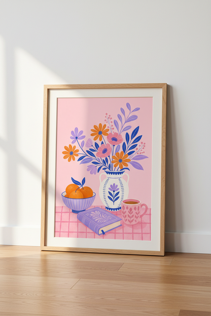 Folk Art Floral Still Life | Pink &amp; Orange Flower Vase, Kitchen Wall Art Decor