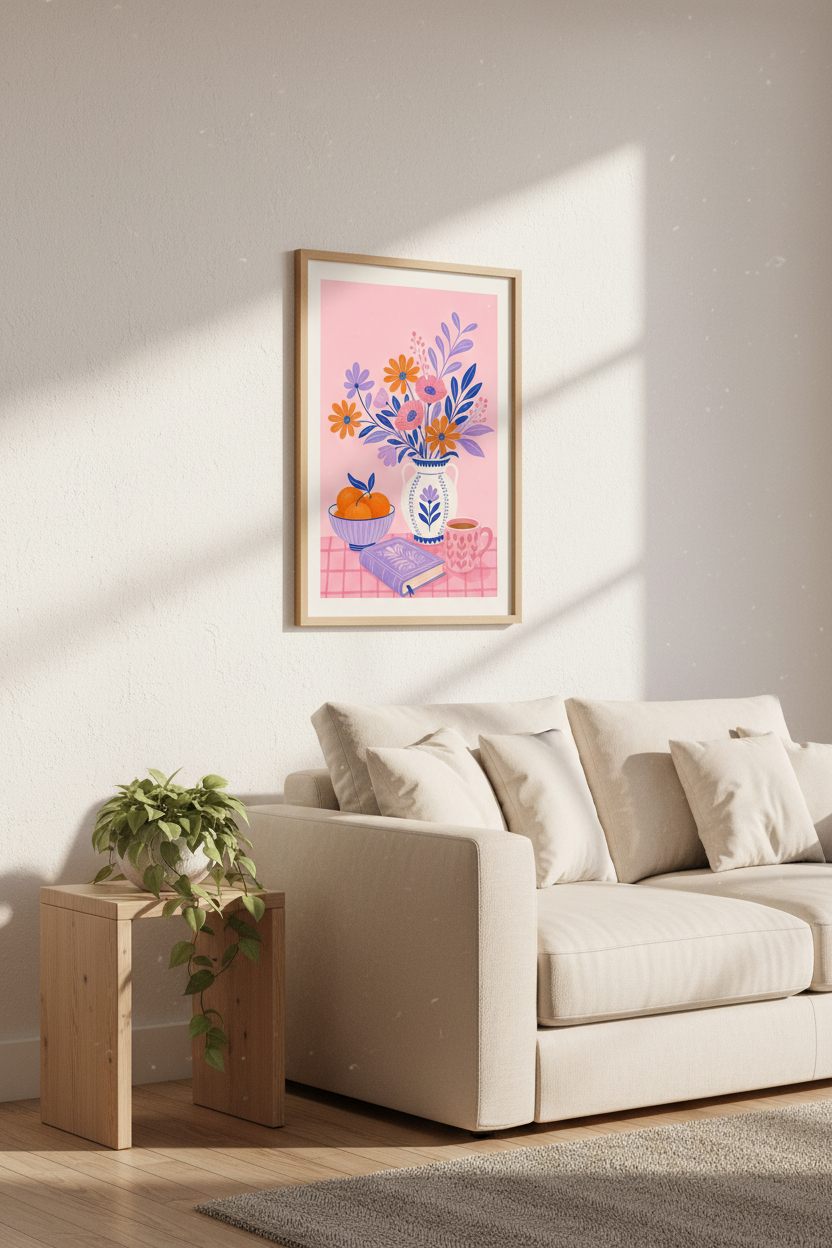 Folk Art Floral Still Life | Pink &amp; Orange Flower Vase, Kitchen Wall Art Decor