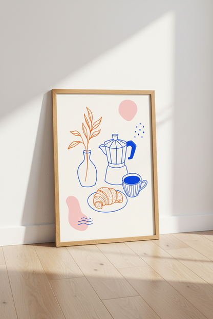 Moka Pot &amp; Croissant Wall Art | Blue Orange Kitchen Decor | Modern Aesthetic Poster