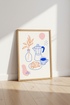 Moka Pot & Croissant Wall Art | Blue Orange Kitchen Decor | Modern Aesthetic Poster