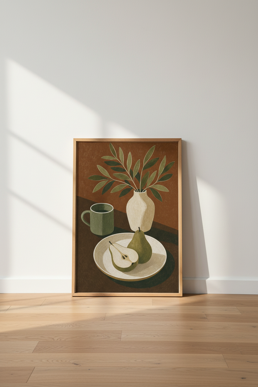 Modern Pear &amp; Coffee Still Life Art | Earthy Kitchen Decor | Rustic Minimalist Poster