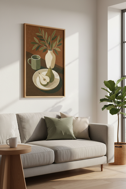 Modern Pear &amp; Coffee Still Life Art | Earthy Kitchen Decor | Rustic Minimalist Poster