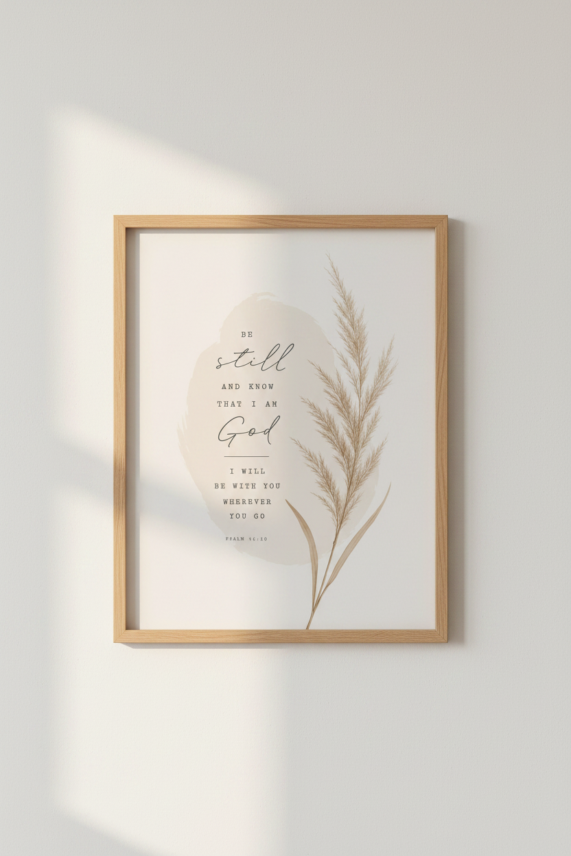 Psalm 46:10 Scripture Print | Minimalist Boho Beige Wall Art, Modern Christian Decor