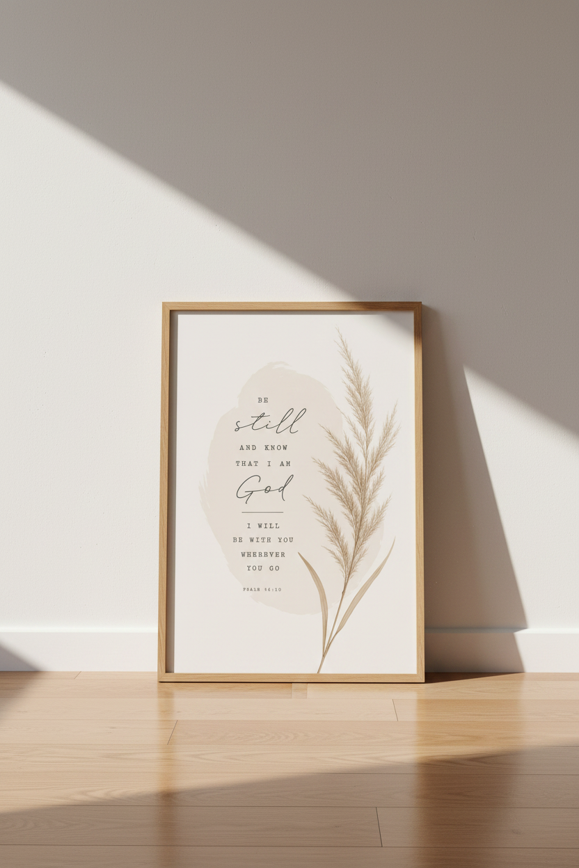 Psalm 46:10 Scripture Print | Minimalist Boho Beige Wall Art, Modern Christian Decor