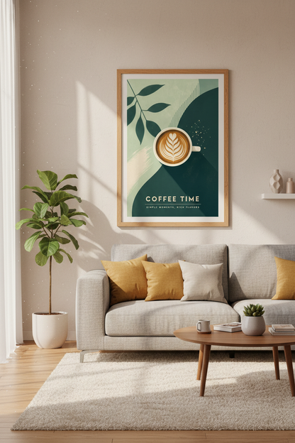 Coffee Time Latte Art Print | Green Kitchen Decor | Minimalist Poster Art