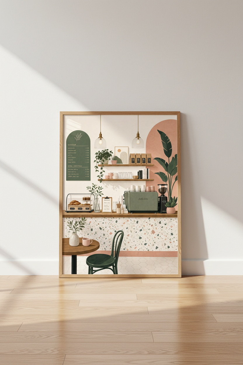 Coffee Shop Wall Art | Sage Green &amp; Terracotta Boho Cafe Print, Kitchen Decor