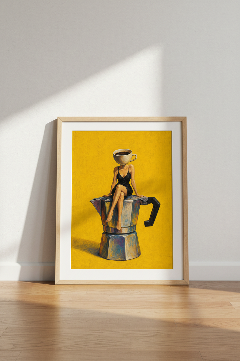 Surreal Coffee Art Print | Modern Kitchen Decor | Whimsical Moka Pot Poster