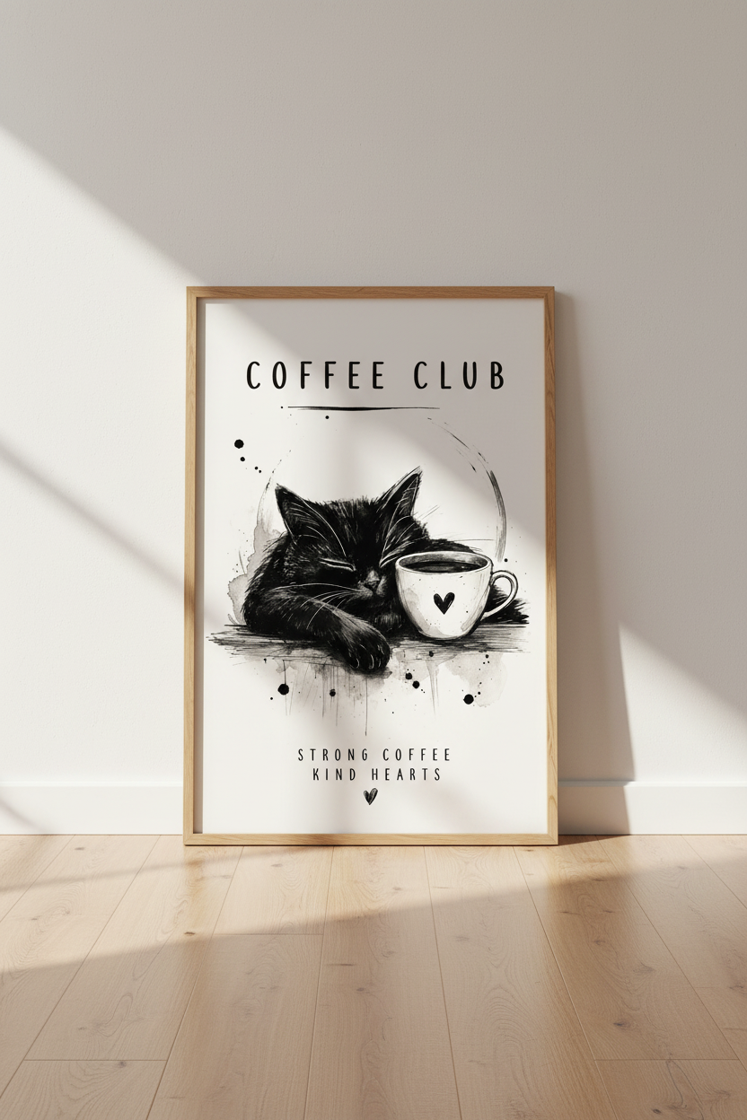 Black Cat Coffee Club Wall Art | Minimalist Ink Sketch Poster, Kitchen Decor