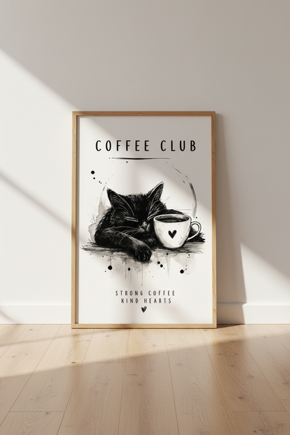 Black Cat Coffee Club Wall Art | Minimalist Ink Sketch Poster, Kitchen Decor