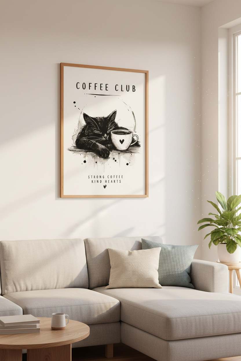 Black Cat Coffee Club Wall Art | Minimalist Ink Sketch Poster, Kitchen Decor