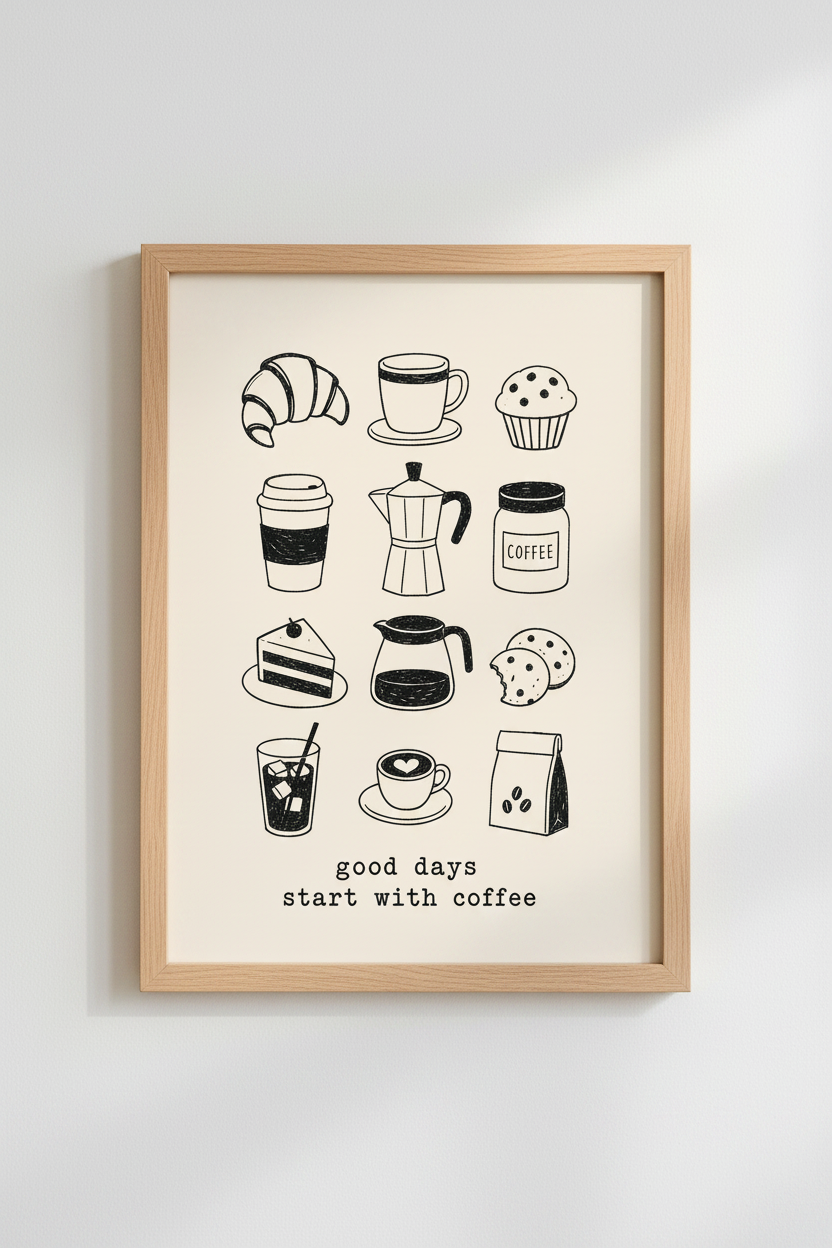 Coffee Bar Wall Art Print | Minimalist Kitchen Decor | Cafe Doodle Poster