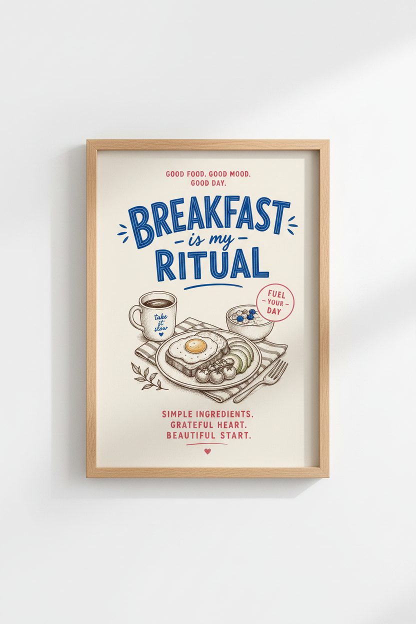 Kitchen Food Poster | Breakfast Ritual Wall Art Print, Retro Cafe Decor