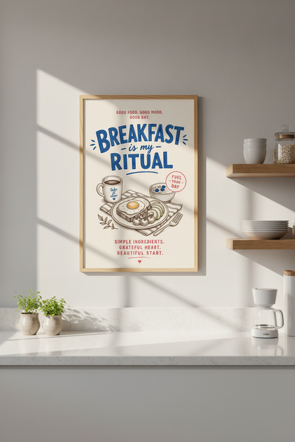 Kitchen Food Poster | Breakfast Ritual Wall Art Print, Retro Cafe Decor