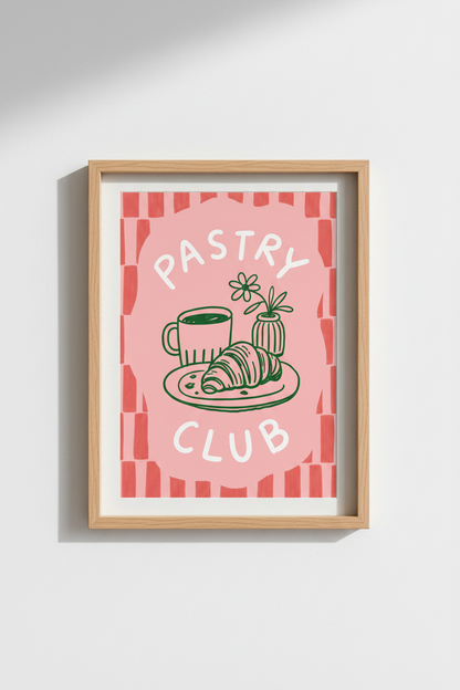 Pastry Club | Pink &amp; Red Coffee Croissant Art Print, Kitchen Bakery Decor