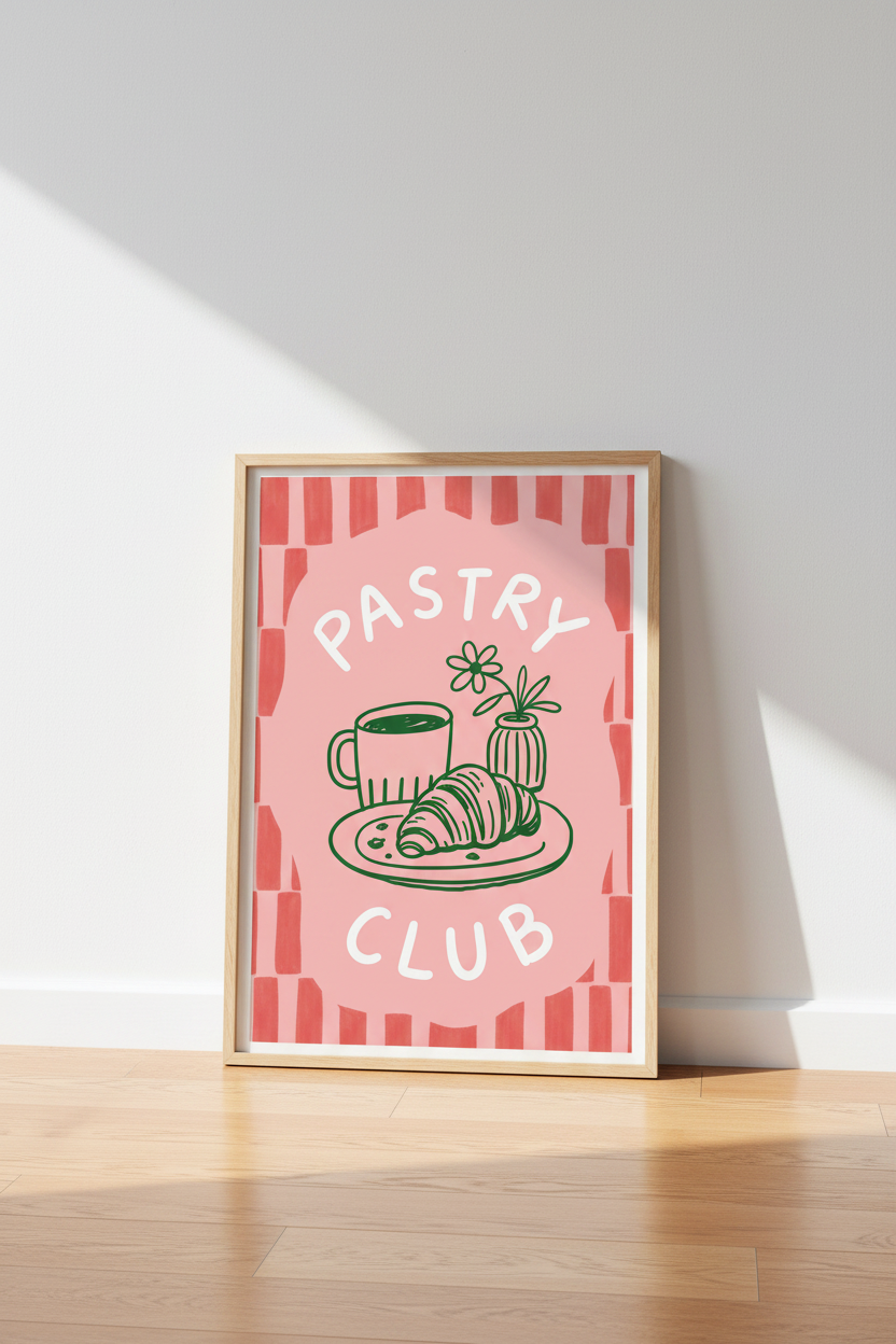 Pastry Club | Pink &amp; Red Coffee Croissant Art Print, Kitchen Bakery Decor