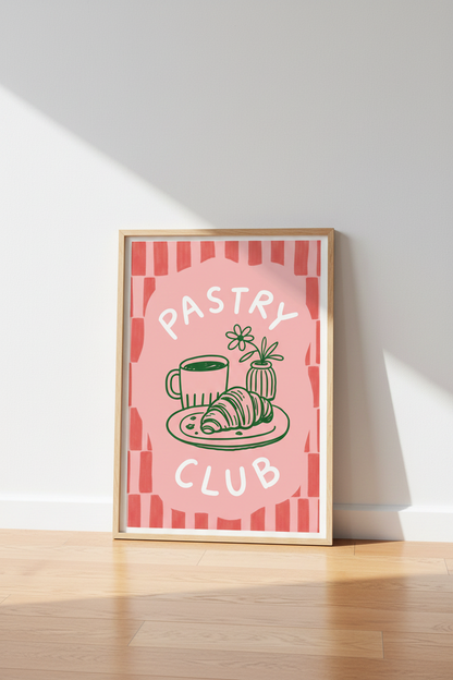 Pastry Club | Pink &amp; Red Coffee Croissant Art Print, Kitchen Bakery Decor