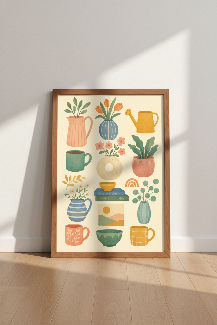 Boho Botanical Still Life Print | Cozy Garden &amp; Home Decor | Pastel Floral Poster