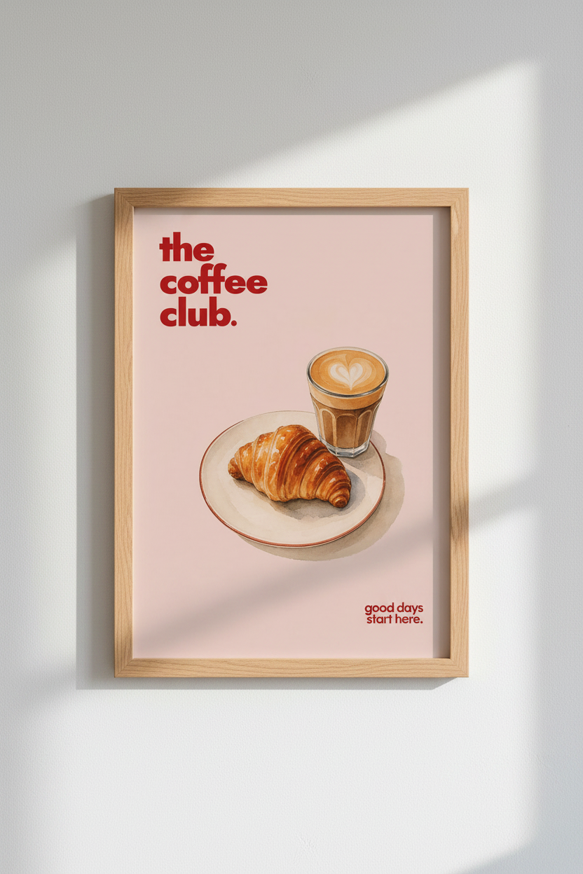Coffee and Croissant Wall Art Print | Kitchen Decor | Pink Aesthetic Poster