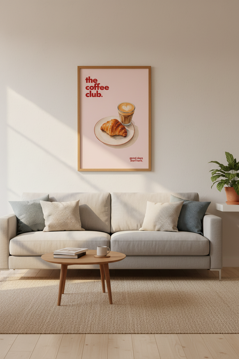 Coffee and Croissant Wall Art Print | Kitchen Decor | Pink Aesthetic Poster