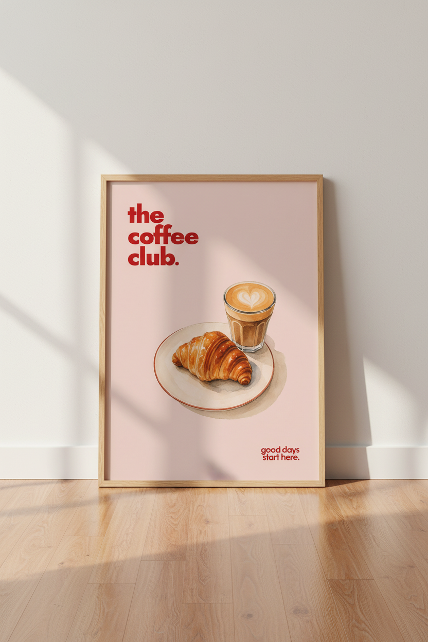 Coffee and Croissant Wall Art Print | Kitchen Decor | Pink Aesthetic Poster