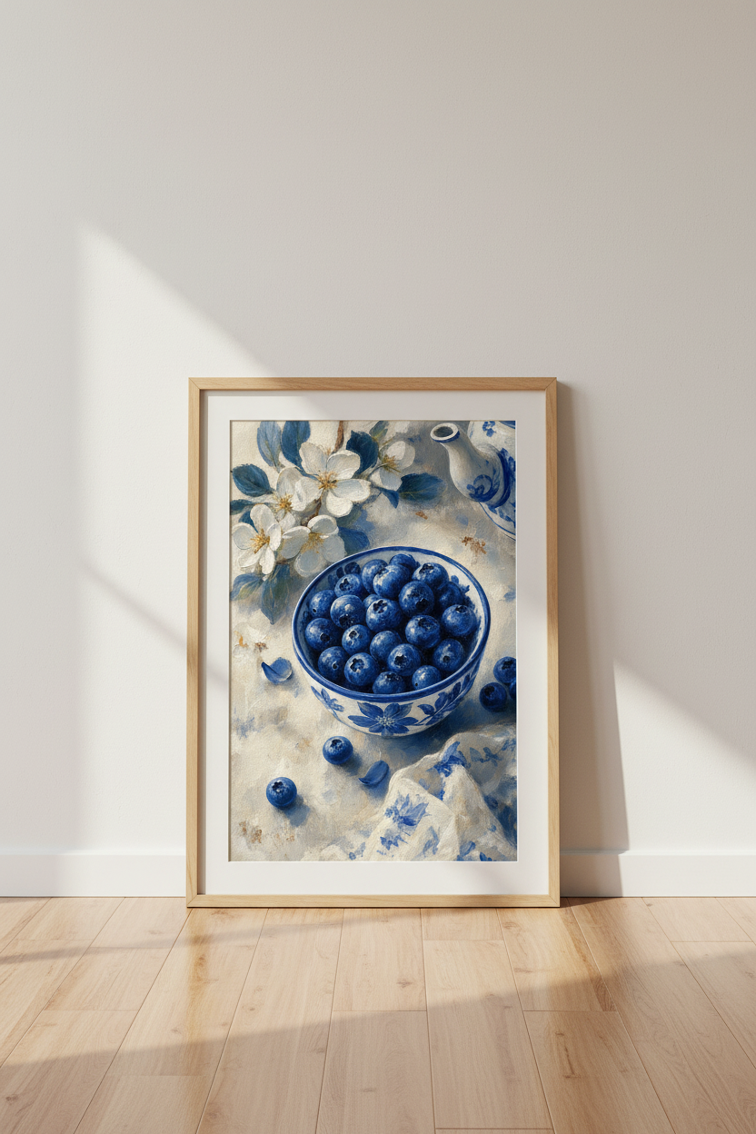 Blueberry Still Life Wall Art | Blue and White Kitchen Decor | French Country Poster