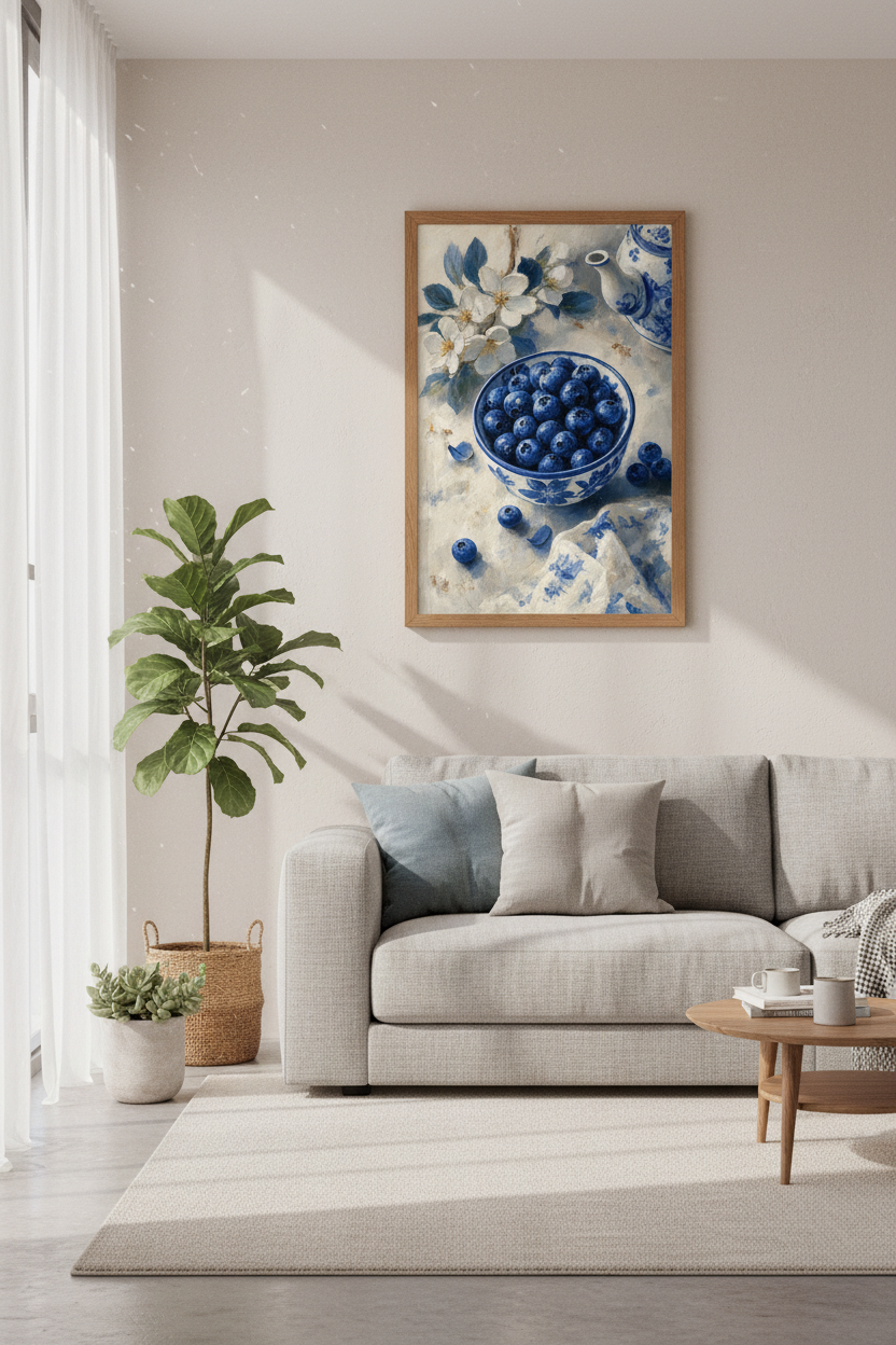 Blueberry Still Life Wall Art | Blue and White Kitchen Decor | French Country Poster