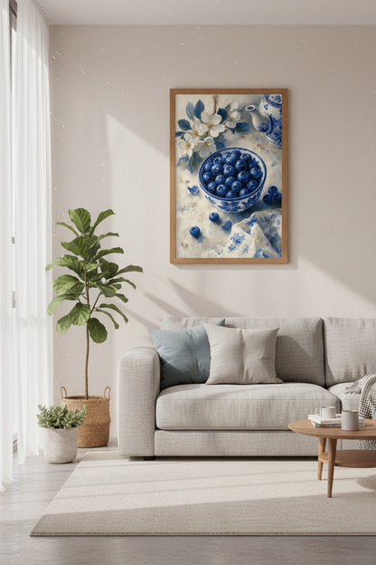 Blueberry Still Life Wall Art | Blue and White Kitchen Decor | French Country Poster