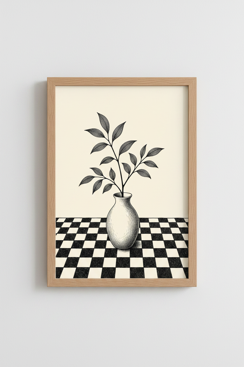 Minimalist Botanical Vase Wall Art | Checkered Floor Decor | Neutral Ink Poster