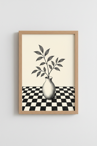 Minimalist Botanical Vase Wall Art | Checkered Floor Decor | Neutral Ink Poster