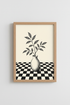 Minimalist Botanical Vase Wall Art | Checkered Floor Decor | Neutral Ink Poster