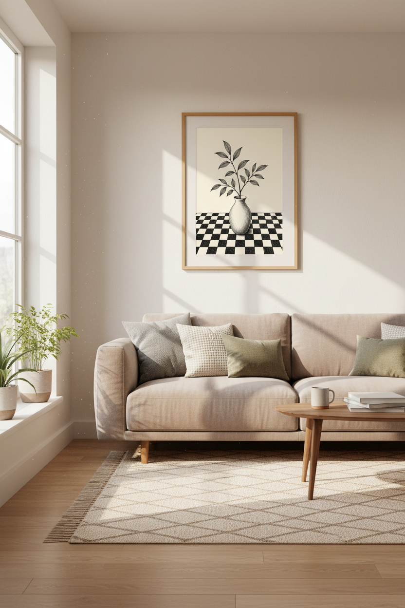 Minimalist Botanical Vase Wall Art | Checkered Floor Decor | Neutral Ink Poster