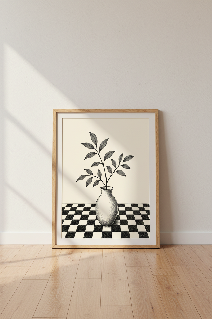 Minimalist Botanical Vase Wall Art | Checkered Floor Decor | Neutral Ink Poster