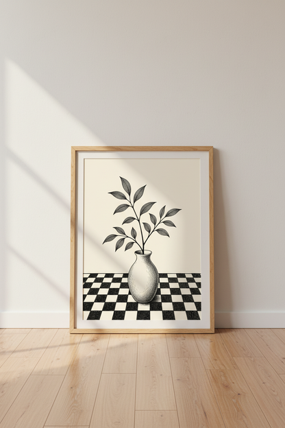 Minimalist Botanical Vase Wall Art | Checkered Floor Decor | Neutral Ink Poster