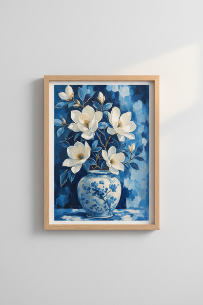 Blue Floral Oil Painting | Chinoiserie Magnolia Poster, Navy Blue Dining Room Decor