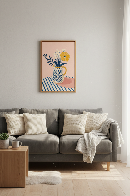 Floral Folk Art Still Life | Yellow &amp; Blue Botanical Print, Bright Kitchen Decor