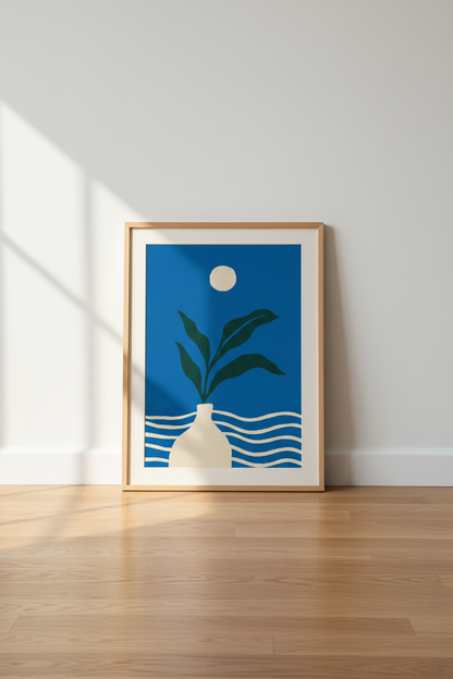 Minimalist Leaf Botanical Wall Art | Blue &amp; Cream Abstract Decor | Modern Poster