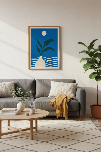Minimalist Leaf Botanical Wall Art | Blue &amp; Cream Abstract Decor | Modern Poster
