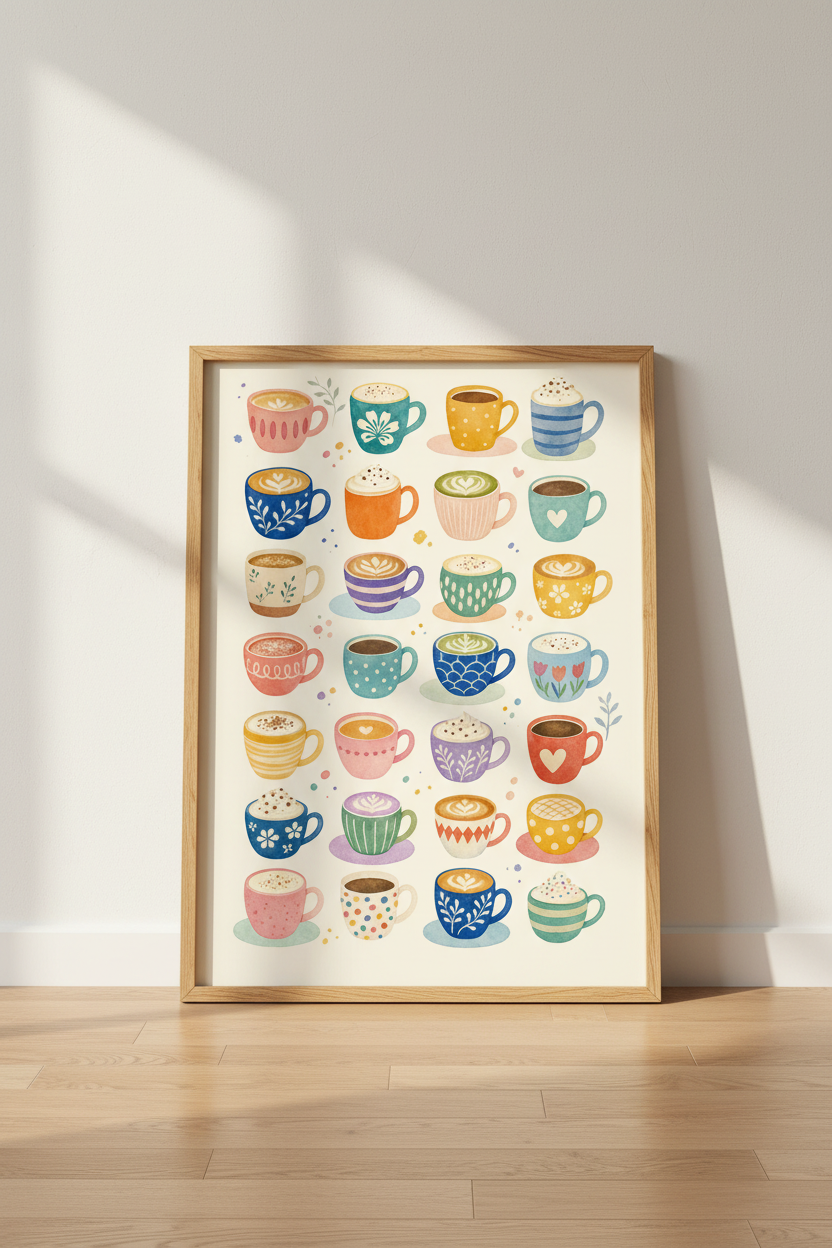 Coffee Cups Wall Art | Watercolor Cafe Mug Poster, Kitchen &amp; Coffee Bar Decor